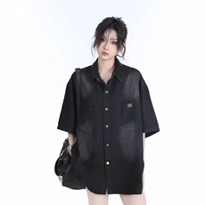 夏季短袖牛仔衬衫女ins潮牌港风小众设计感宽松半袖外套LJ177-P54，男装T恤，星座1008
