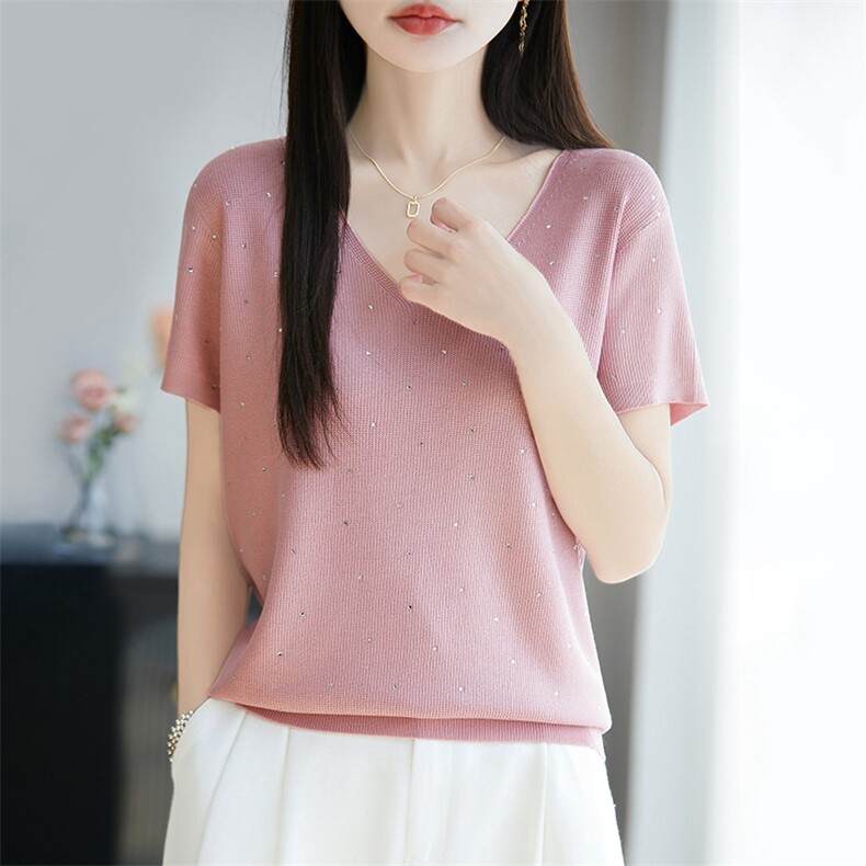 高级感夏季薄款桑蚕丝女短袖t恤时尚减龄V领洋气针织冰丝凉感上衣,女装T恤,暖烁特种纱工厂店