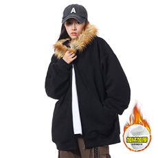 480G重磅加绒硬挺boxy秋冬美式高街超大毛领座山雕连帽卫衣厚外套，女装短外套，电商A486