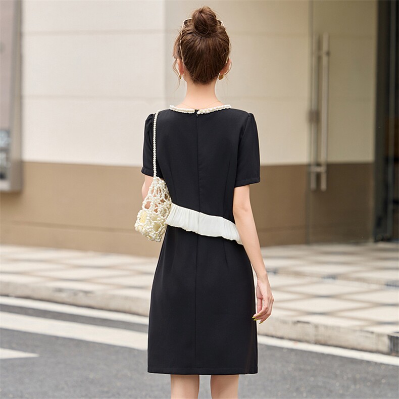 钉珠拼接黑色连衣裙女夏季新款时尚裙子2025年欧洲站大码女装,女装连衣裙,心心服饰