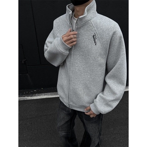cleanfit开衫外套男款秋冬季美式灰色卫衣高级感立领棒球服夹克图片