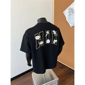 XZ514-2-TT10-P43 潮山茶花刺绣正肩T恤夏美式重磅短袖情侣半袖图片