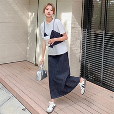 盐甜系穿搭白色假两件t恤套装女夏新款时尚洋气牛仔阔腿裤两件套，女装套装/套裙，1C151
