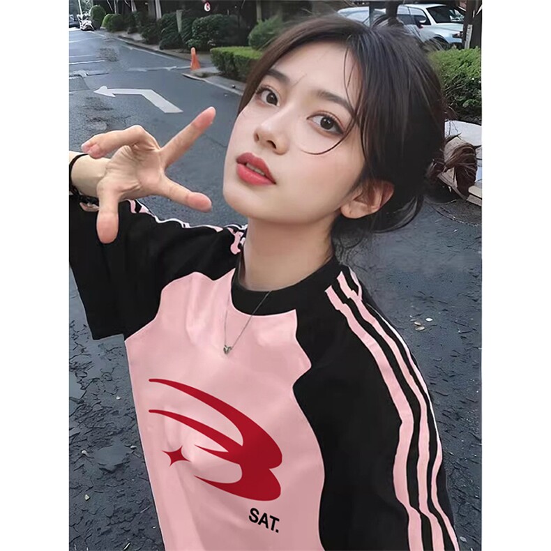 夏季美式高街重磅纯棉三条杠织带插肩撞色男女短袖T恤CZ36-特P25,男装T恤,电商A486