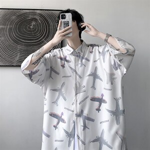 夏季潮流小飞机满印ins衬衫男新款冰丝情侣装 A071-C35-P38图片