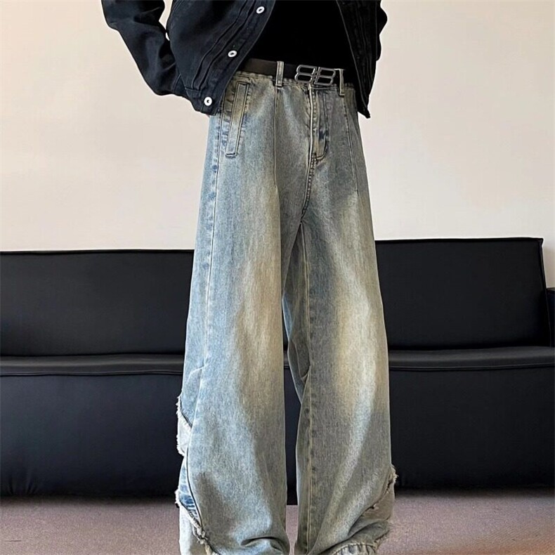 小众设计款裤脚开衩拼接牛仔裤男美式高街宽松直筒微喇裤子图片