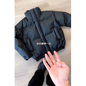 现货5W件冬季三防重磅硬挺boxy短款羽绒立领PU皮棉衣外套加厚棉服图片
