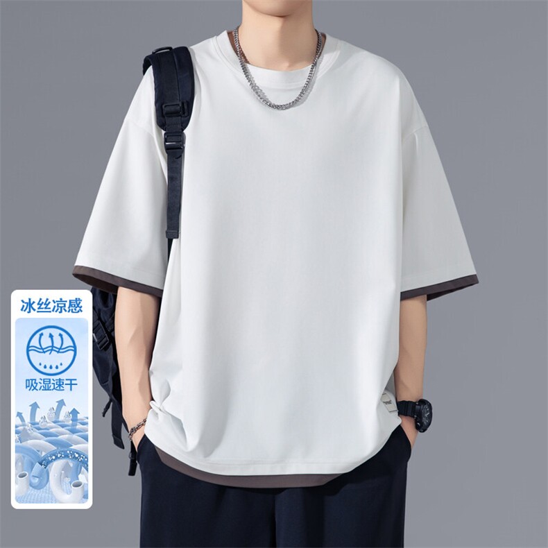 假两件短袖T恤男生夏季薄款青少年港风复古潮牌宽松大码中袖衣服图片