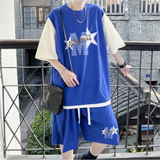 华夫格套装潮流休闲短袖短裤两件套FTZ3053-P55控78，男装牛仔裤，电商B370