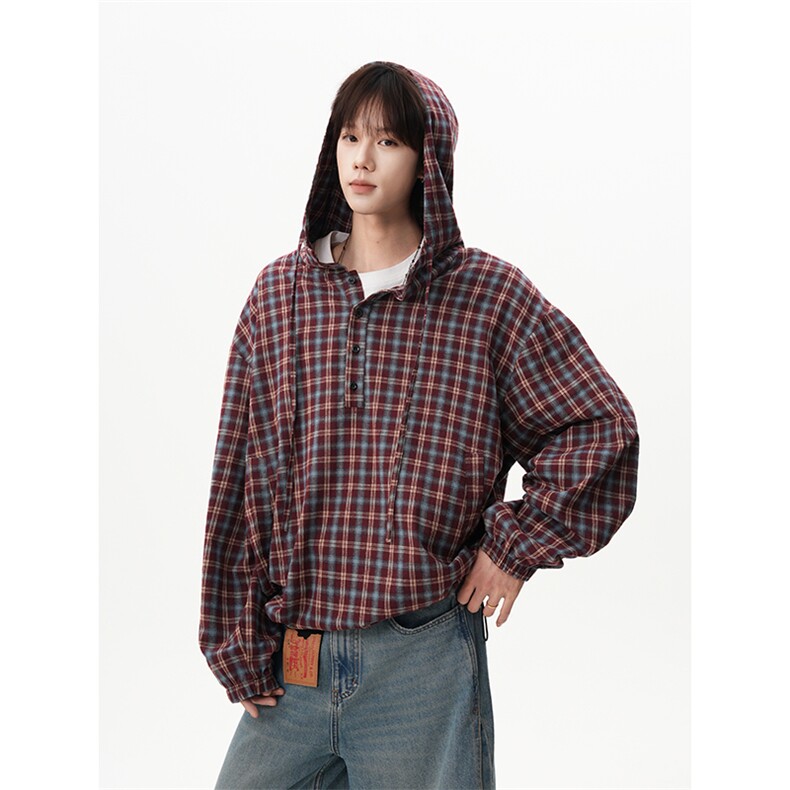 宽松学院风日系百搭情侣外套复古格子美式衬衫HY902TP45控88，男装衬衫，电商A102B
