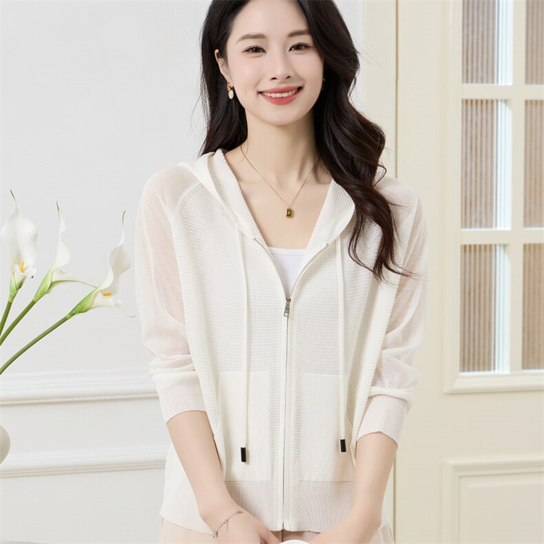 减龄宽松天丝亚麻开衫女短外套透气防晒小衫2025春夏新款连帽拉链,针织衫/毛衣,秋虹羊绒