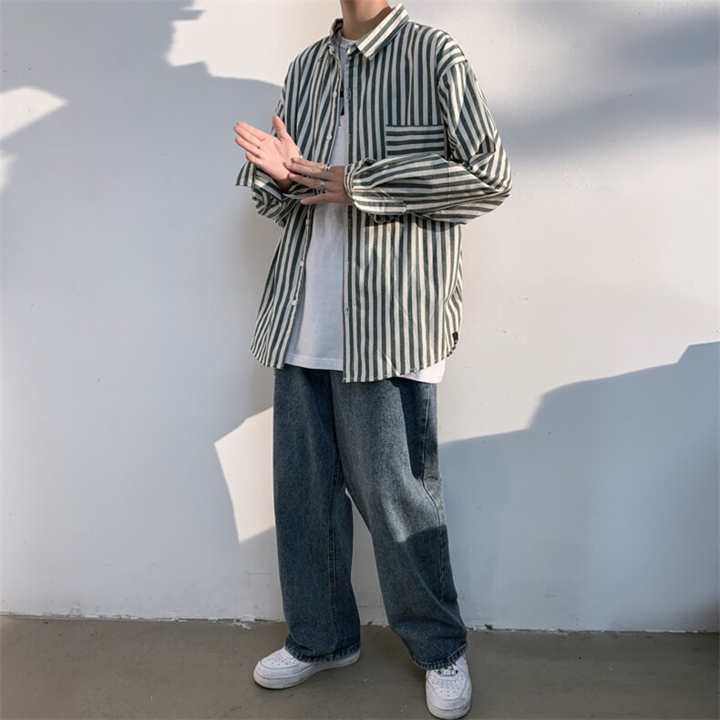 2021秋季光影白墙日系大码男休闲宽松落肩条纹衬衫C3081-P40,男装衬衫,电商A001