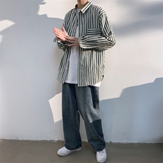 2021秋季光影白墙日系大码男休闲宽松落肩条纹衬衫C3081-P40，男装衬衫，电商A001