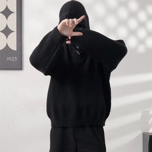 V领连帽毛衣男秋冬款金属扣设计感痞帅青少年针织衫上衣 MY845图片