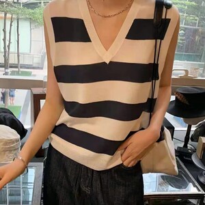 冰丝条纹背心女2025新款夏季宽松纯欲风V领百搭甜辣外穿无袖上衣图片