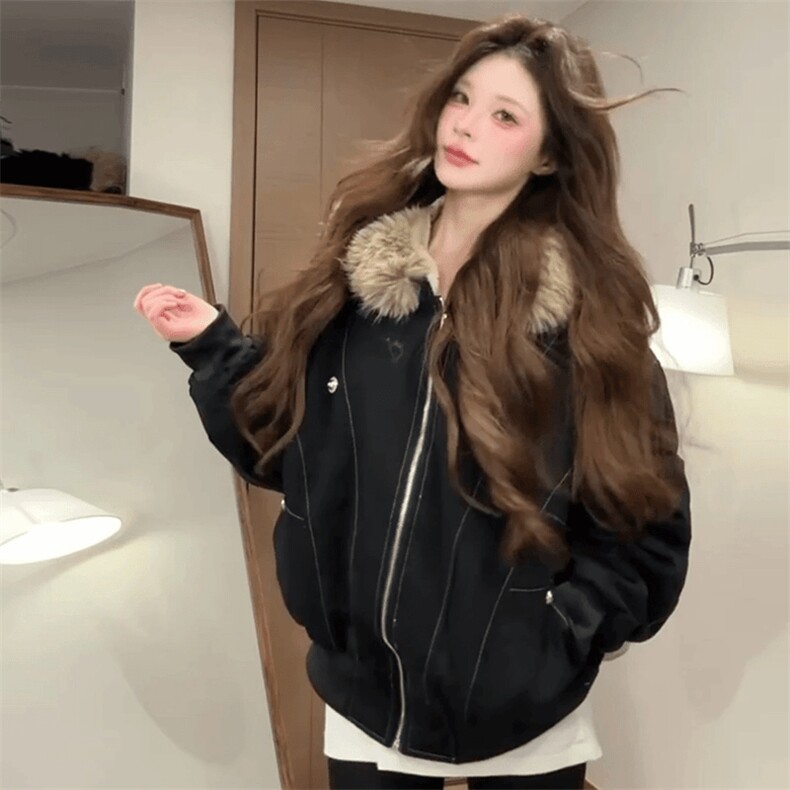 现货重磅boxy短款棉衣座山雕大毛毛领男女棉服水洗工装厚外套，男装棉衣，电商A486-1