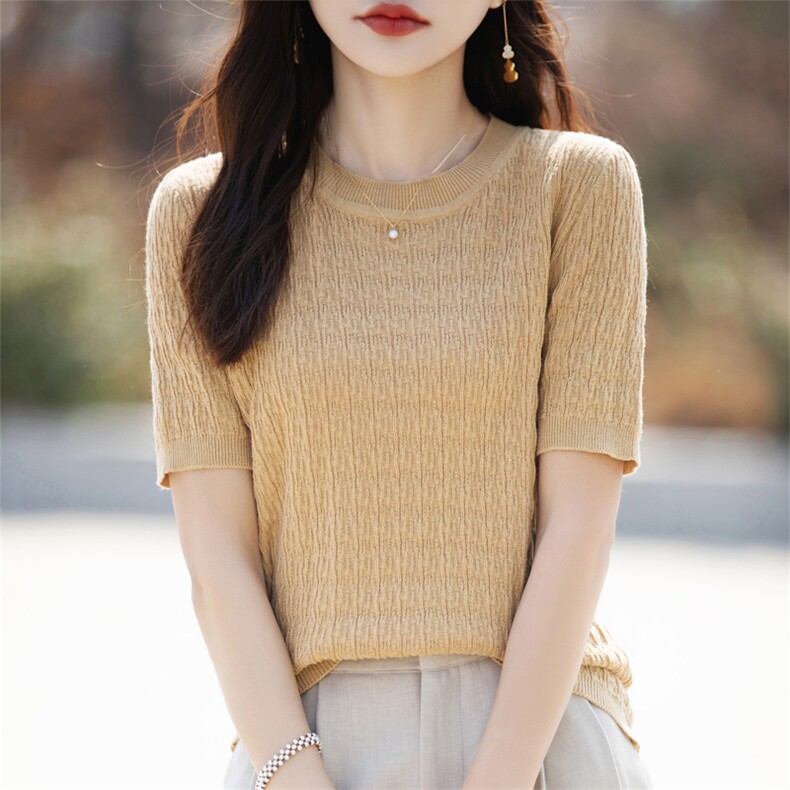 夏季新款100%纯棉针织短袖女圆领提花针织半袖T恤打底衫宽松上衣,针织衫/毛衣,彩羽羊绒