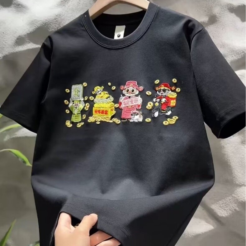 水洗做旧刺绣工艺拥簇花卉2026夏季男女刺绣短袖情侣潮宽松T恤,男装T恤,星座218-8