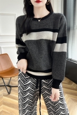 女士秋冬保暖羊毛衫羊毛圆领条纹，女装羊毛衫，蒙莲贝斯