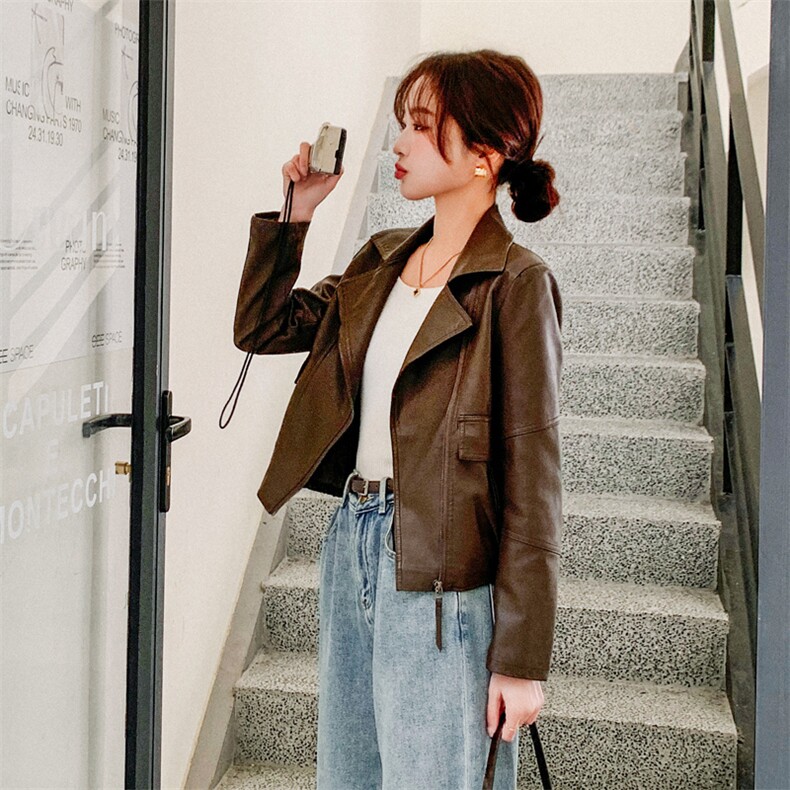 现货2024春季女装新款大量现货时尚洋气百搭短款皮衣外套浙宝013，女装皮衣，莘蕾