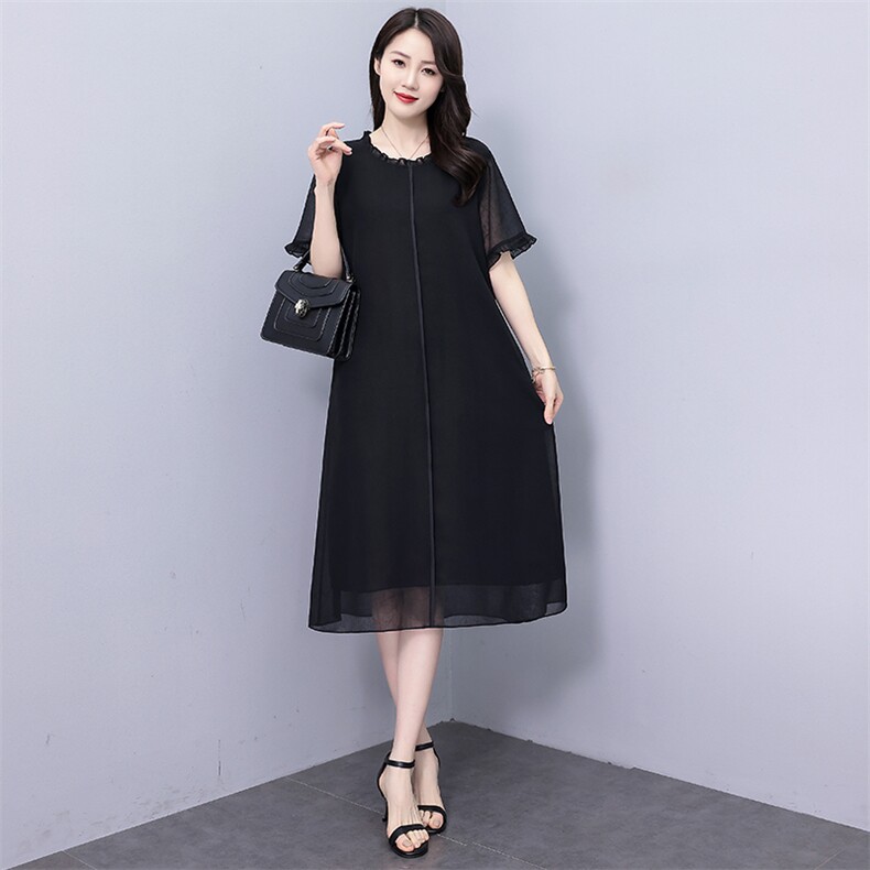 （现货）2025年夏季薄款中长款A型短袖圆领连衣裙,女装连衣裙,深妍伊美