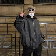 假两件拼色连帽PU皮夹克外套秋冬男装潮摇滚设计双层拉链机车皮衣，男装夹克，星座410-7