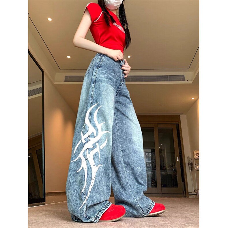 潮水洗图腾印花宽松直筒牛仔裤男女阔腿青少年弯刀微喇长裤拖地,男装牛仔裤,星座410-7
