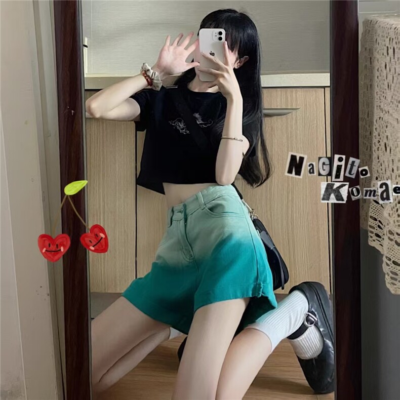 渐变色牛仔短裤女夏季薄款高腰显瘦直筒阔腿裤宽松热裤裤子ins潮,男装牛仔裤,星座506A