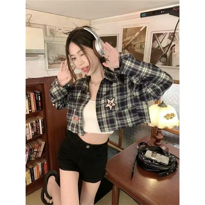 复古粉色格子衬衫外套女春夏小众设计感宽松慵懒风防晒衬衣上衣,男装衬衫,星座1210-1