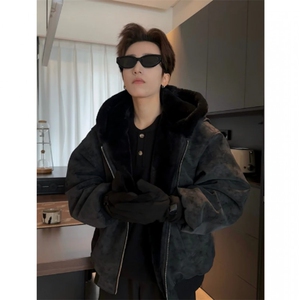 网图 PU皮座山雕男女加绒保暖防兔毛棉衣外套M2566-P90图片