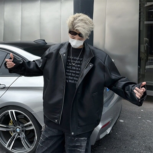 小众垫肩夹克外套男设计感廓形翻领pu皮衣拉链外套复古W6282-P72图片