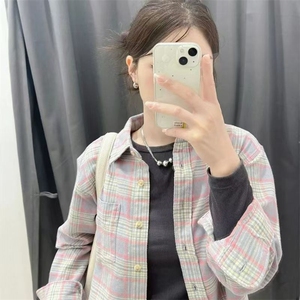 美拉德复古格子撞色长袖衬衫女2025棉早春新款设计感小众宽松外套图片