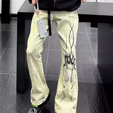 网图美式高街水洗做旧微喇牛仔裤男款火焰残影牛仔裤GT801-P48，男装牛仔裤，星座1001-1