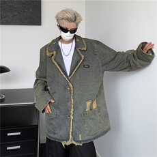 破洞牛仔西装领外套女春秋做旧毛边设计感小众宽松上衣潮JK8922，男装夹克，星座1116A-1（原606A）