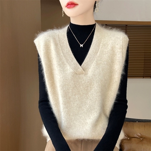 时尚百搭V领拉绒马甲女秋冬季新款韩版宽松显瘦毛衣背心外套上衣图片