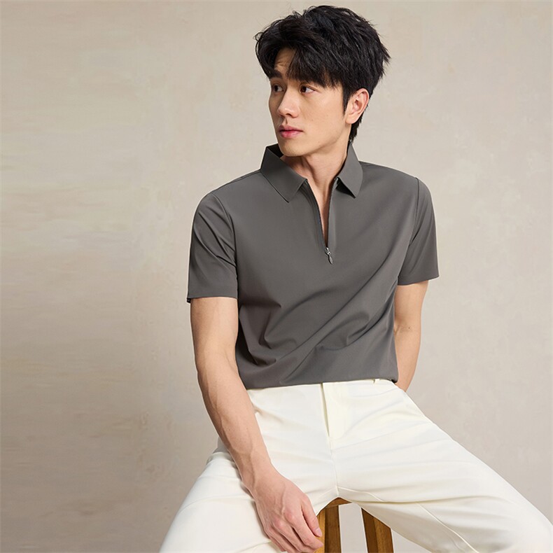 男女同款拉链款翻领POLO衫休闲简约舒适，男装T恤，宏恒