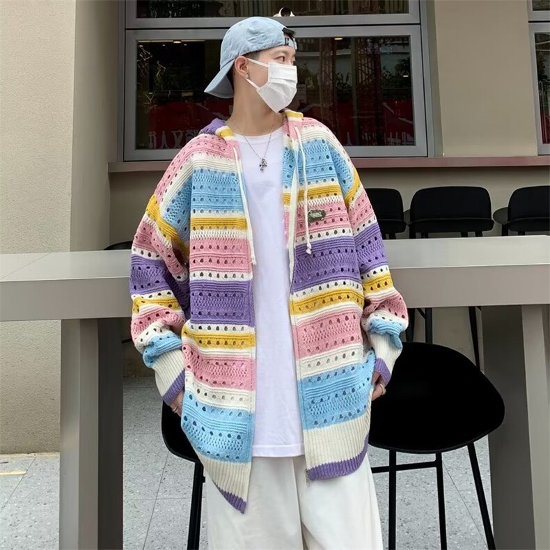 秋冬潮牌设计感彩色条纹开衫毛衣 男小众镂空连帽针织衫MY244-P55图片