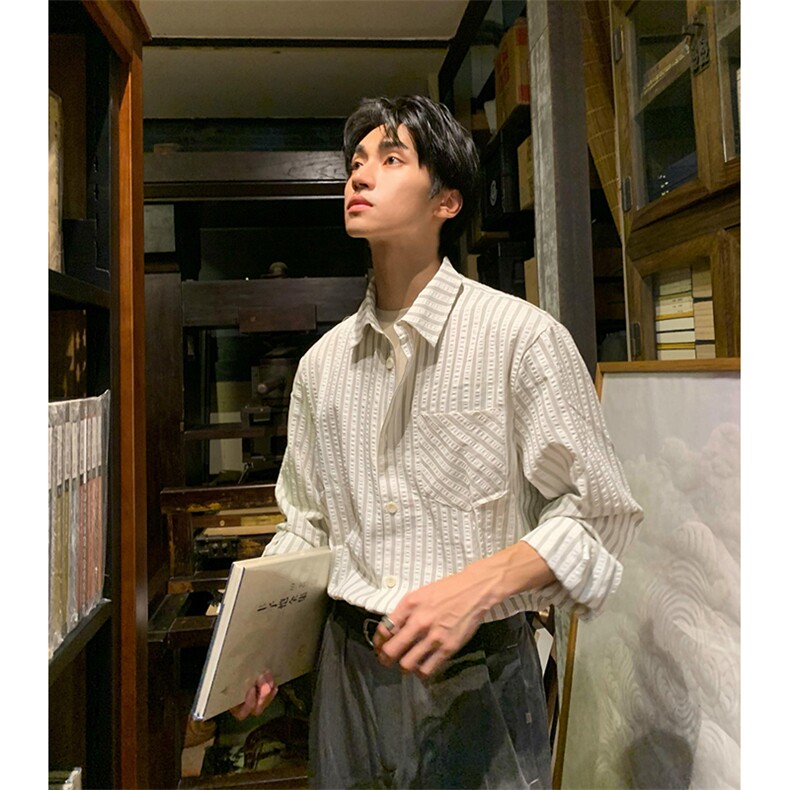美式潮牌高街复古泡泡纱竖条纹日系肌理长袖衬衫男女休闲宽松衬衣，男装衬衫，电商A443