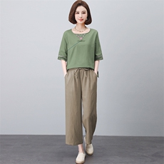 长期有货时尚苎麻套装女夏装新款宽松显瘦中年妈妈洋气棉麻两件套，女装套装/套裙，璐依舞