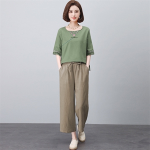 长期有货时尚苎麻套装女夏装新款宽松显瘦中年妈妈洋气棉麻两件套图片