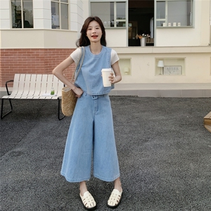 减龄时尚牛仔背心阔腿裤套装女夏ootd穿搭减龄三件套今年流行爆款图片
