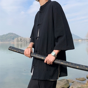 亚麻衬衫男短袖夏季宽松盘扣七分袖衬衣新中式唐装外套S45388-p45图片