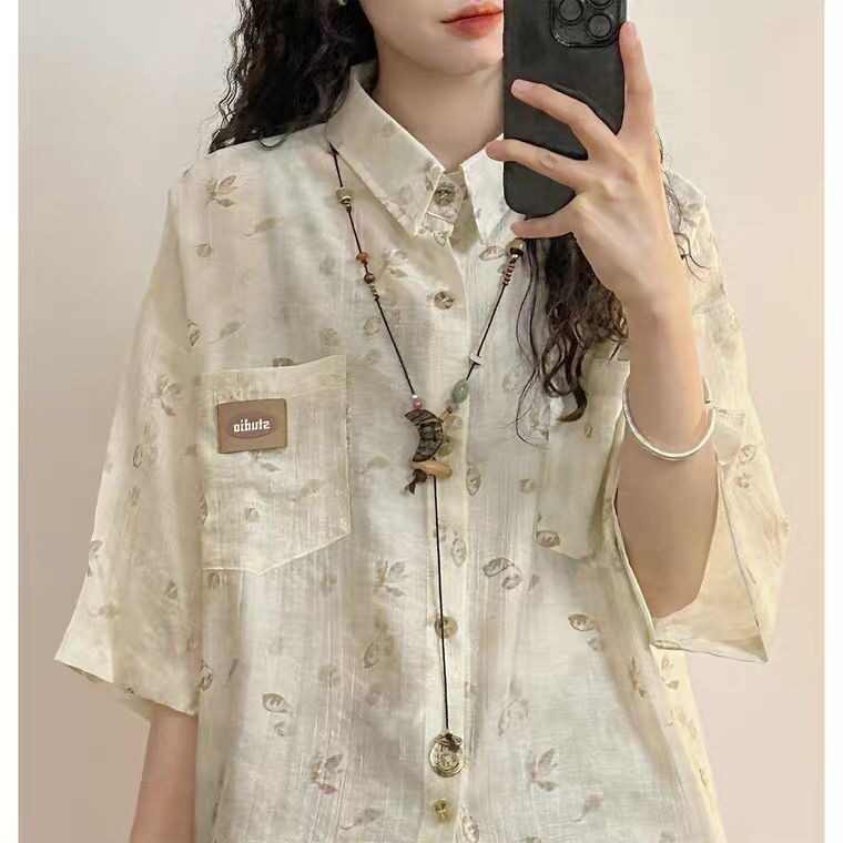 嘻哈潮牌慵懒风薄款冰丝衬衫短袖男女夏季hiphop宽松休闲花衬衣,男装衬衫,星座506A