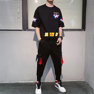 夏季圆领T恤潮流款式休闲帅气青少年宽松工装裤套装男F164P75图片