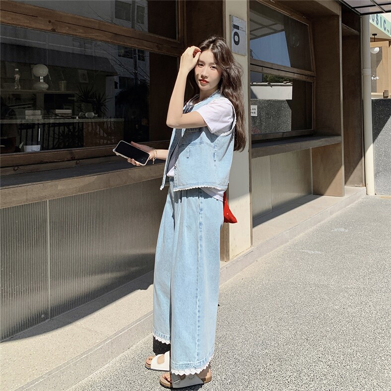 蕾丝花边拼接牛仔马甲套装女2025夏季港风复古小个子阔腿裤两件套,女装套装/套裙,2C159