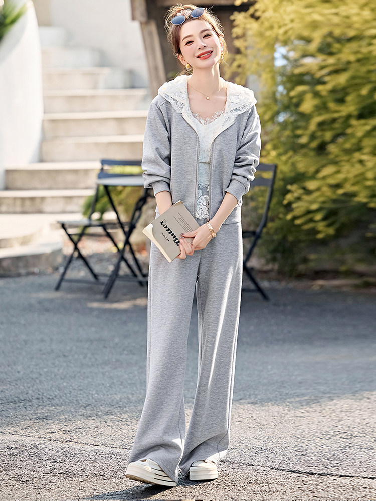 蕾丝拼接长袖卫衣休闲裤子套装女2025新款气质时尚百搭显瘦两件套,女装套装/套裙,仟媚宠