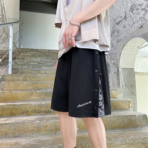 港风宽松排扣运动休闲裤夏季薄款潮流腰果花直筒五分裤 K1041-P28图片