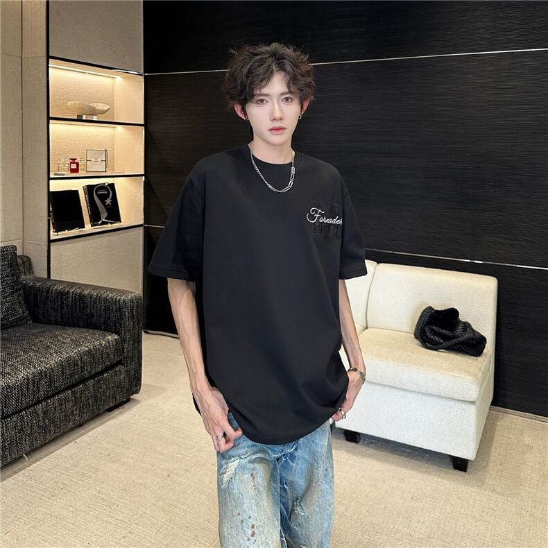 GC0385-P35美式立体浮雕短袖男款夏季小众提花刺绣t恤重磅半袖,男装T恤,电商C233