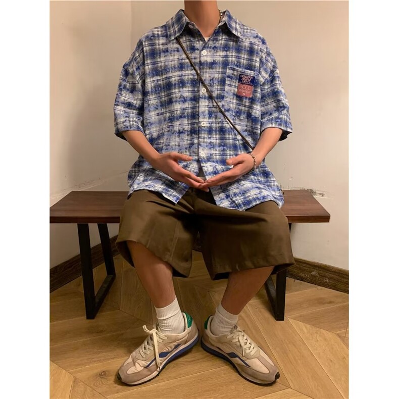 格子短袖衬衫男士夏季潮牌日系宽松半袖衬衣P38,男装衬衫,星座1116-2