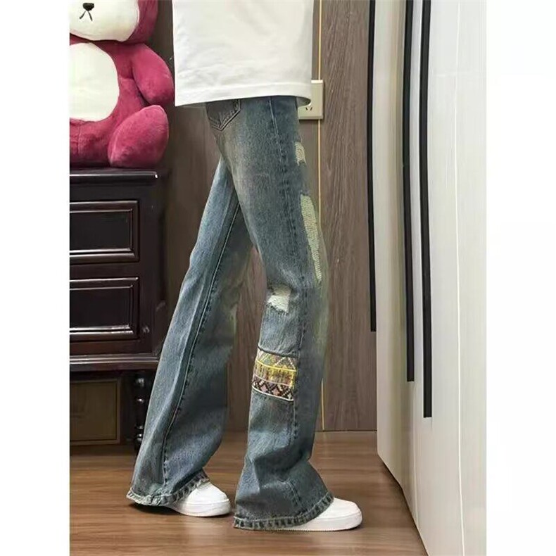 网图现货美式微喇直筒民族风拼接贴布牛仔裤男K428/P53,男装牛仔裤,星座205-3